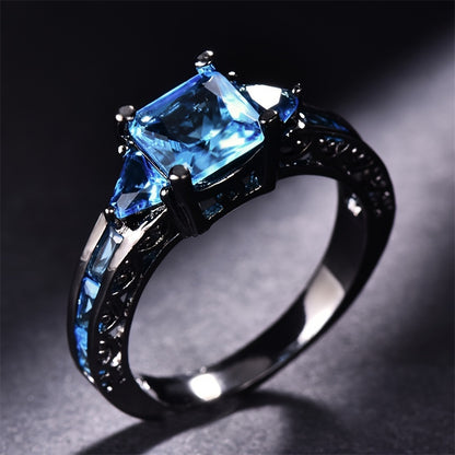 Elegant classic style, black copper ring inlaid with sparkling blue Zirconia fashion exquisite jewelry, suitable for weddings and parties, perfect gift
