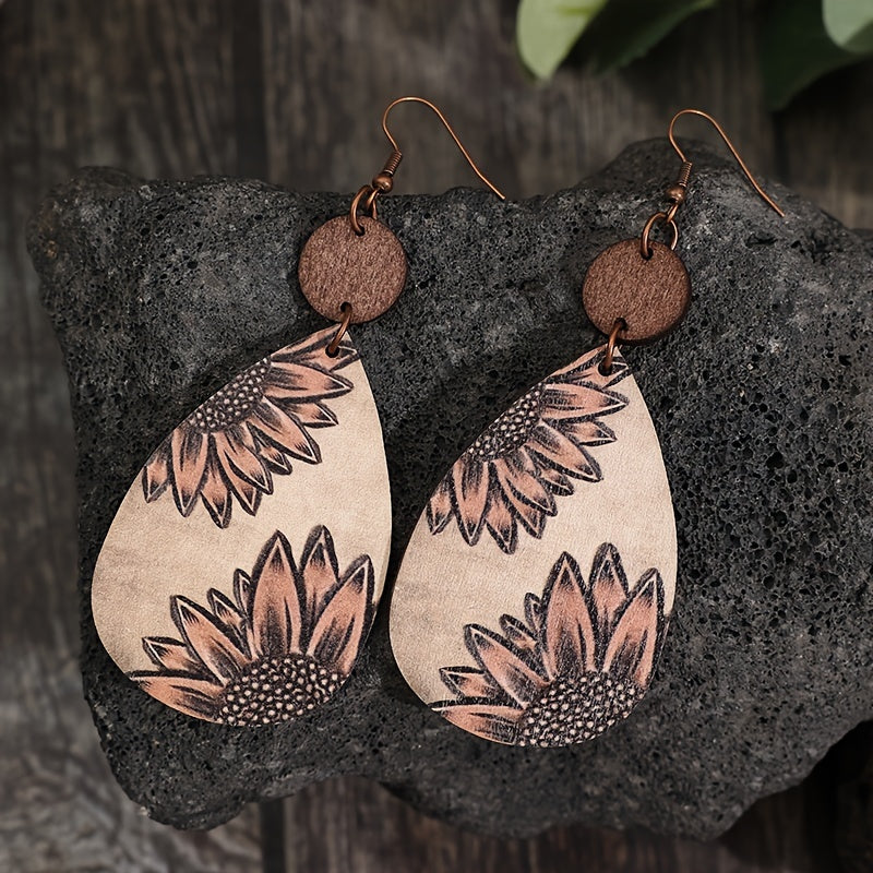 Droplet Sunflower Print Pendant Earrings Vintage Bohemian Wooden Jewelry Fashion Women's Earrings