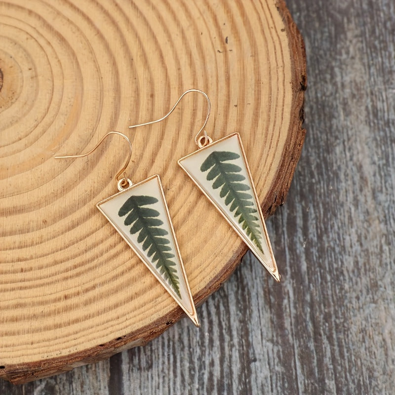 Transparent triangular green leaf pattern pendant earrings retro minimalist style alloy jewelry holiday earrings