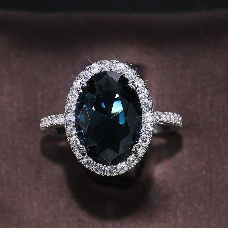 New Fashion 925 Silver Plated 4 Claw Oval Blue Gemstone Sub-Stone Zirconia Ring, Ladies Daily Casual Party Jewelry