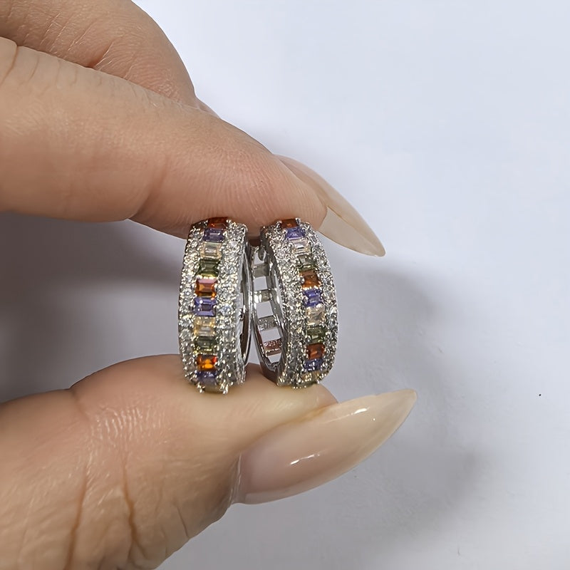 Elegant 18K Gold-plated Ring Earrings with Multi-colored Rectangular Cut Zirconia - Nickel-free Copper, Perfect for Brides and Parties