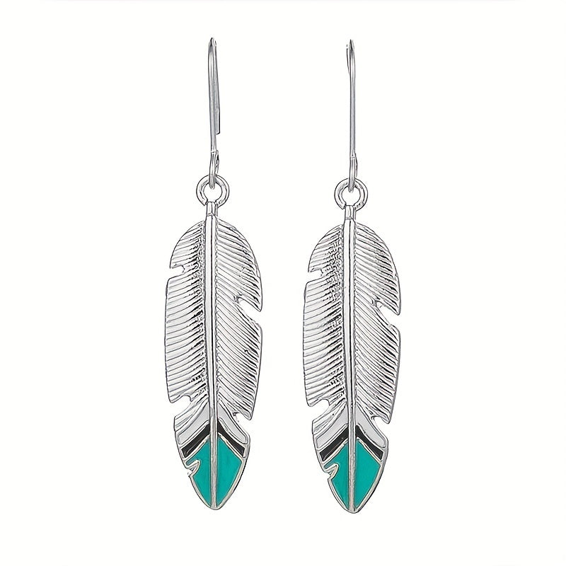 Antique Feather Leaf Design Pendant Earrings, Vintage Bohemian Zinc Jewelry, Holiday Earrings