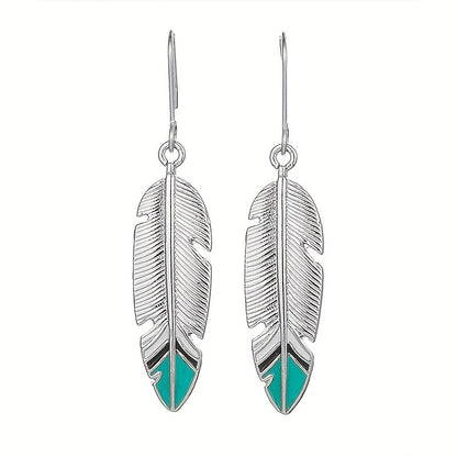 Antique Feather Leaf Design Pendant Earrings, Vintage Bohemian Zinc Jewelry, Holiday Earrings