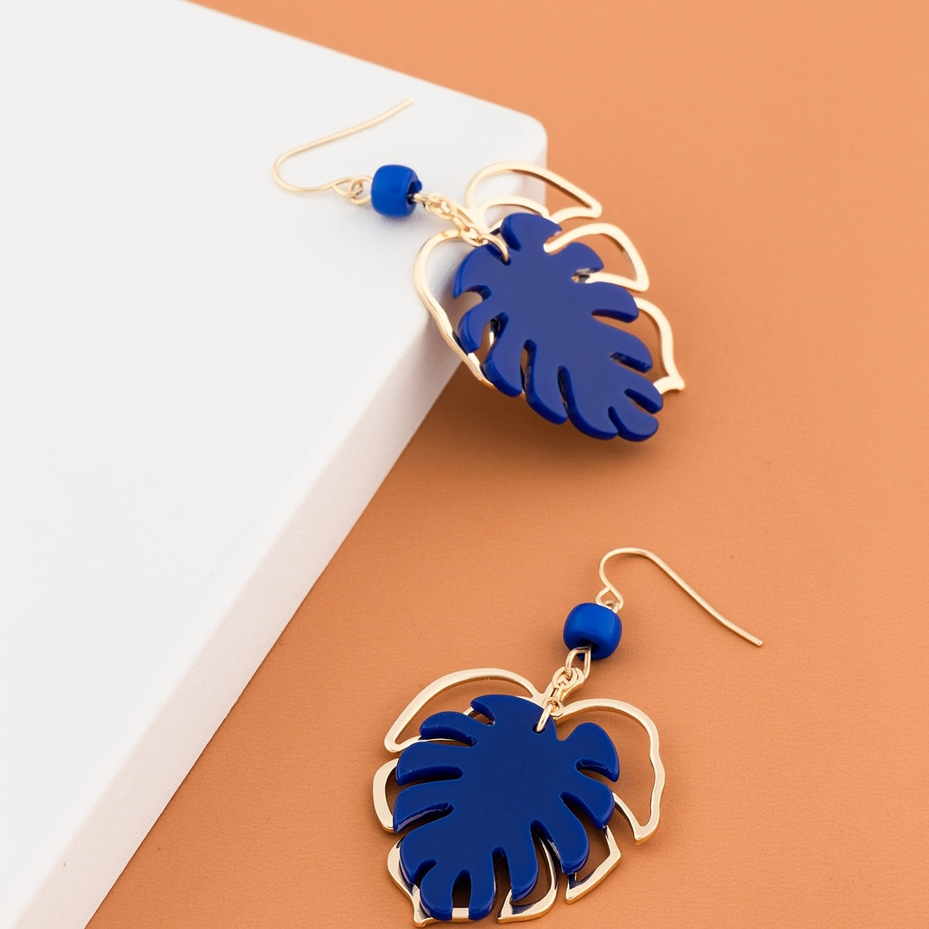 Bohemian Blue Leaf Pendant Earrings - Gold Alloy with Bold Blue Leaves and Light Blue Beads, Perfect for Casual Clothing or Holiday Accessories, Four Seasons Jewelry | Natural Style Design | Light Blue Embellishment, Bohemian Earrings