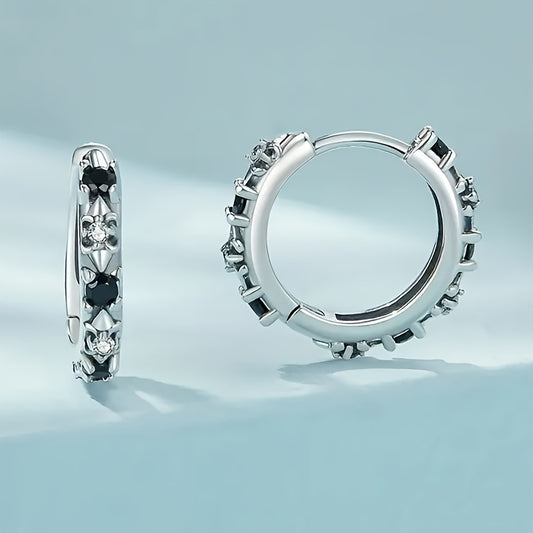 A pair of elegant Women's round earrings with black cubic Zirconia gemstones, simple and lovely style, silver round earrings for parties, banquets and everyday casual accessories