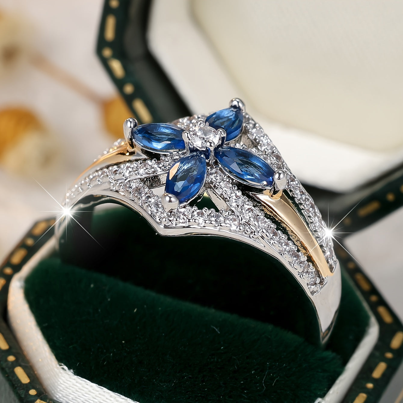 Elegant Blue and White Zirconia Wedding Ring - Luxury Bohemian Style for Engagements and Parties, Sizes 6-10