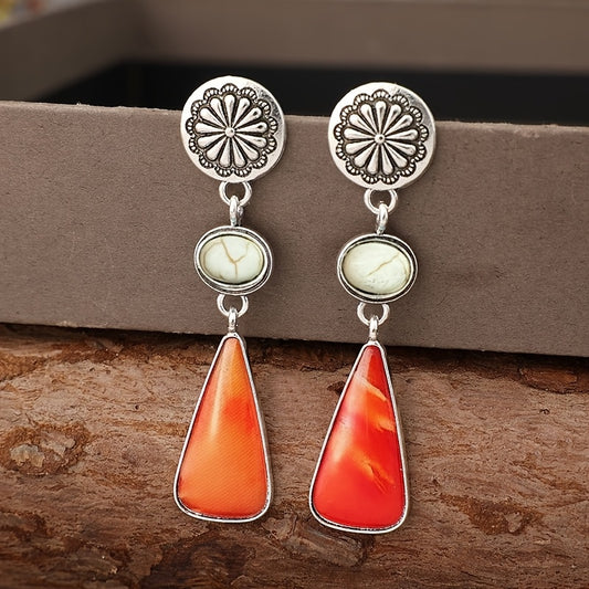 1 pair of bohemian lapis lazuli fringed earrings, vintage western ladies gift, alloy iron earplugs, silver tone, carved lapis lazuli resin lop earrings