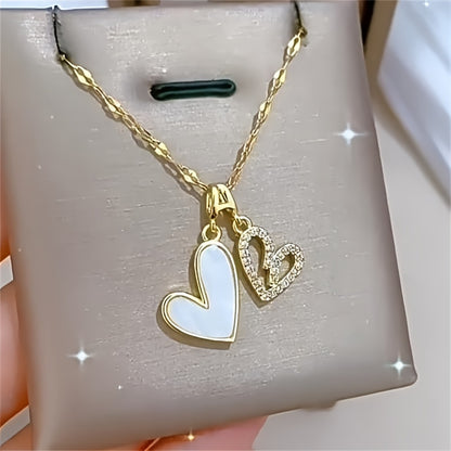 Stylish Double Heart Pendant Necklace, Imitation Shell & Cubic Zirconia - 18K Gold Plated, Stainless Steel - Perfect for Anniversaries, Birthdays, Christmas Gifts