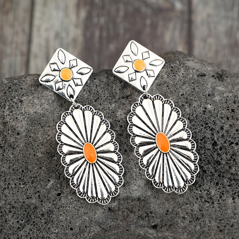 A pair of bohemian vintage floral engraved earrings, alloy pendant with iron studs, bohemian fashion earrings, silver tones with orange accents