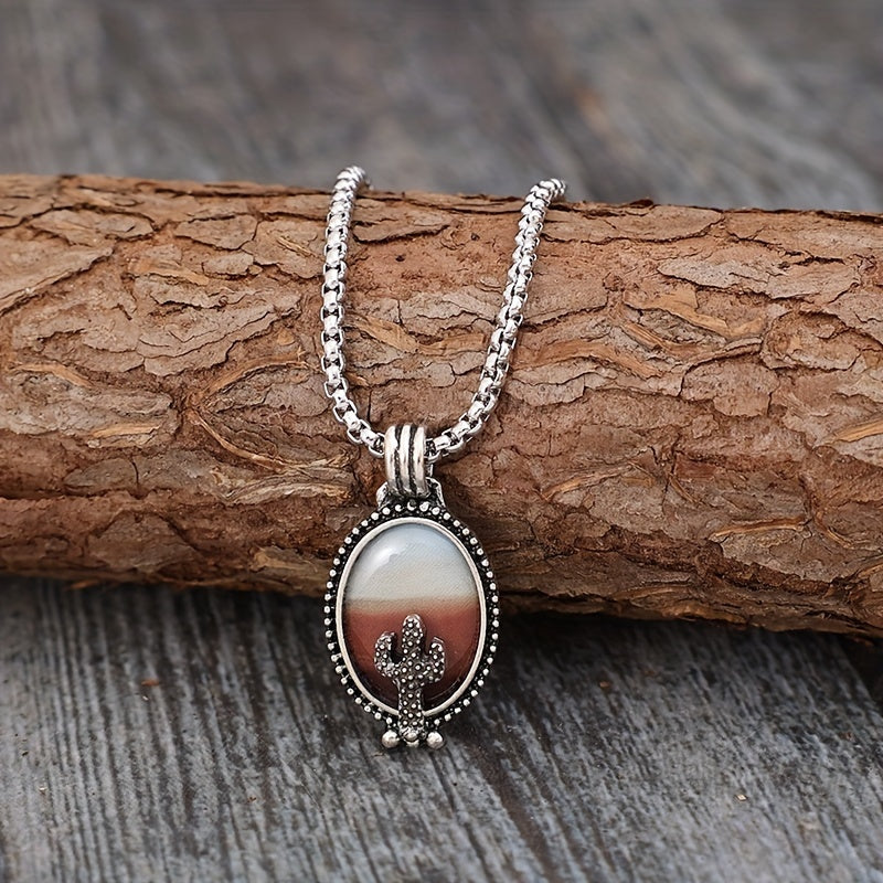 Desert Cactus Decorative Oval Pendant Necklace Western Resin Pendant Necklace Casual Accessories