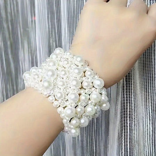 A white fake pearl beaded wide bracelet, elegant temperament, elastic and retractable bracelet