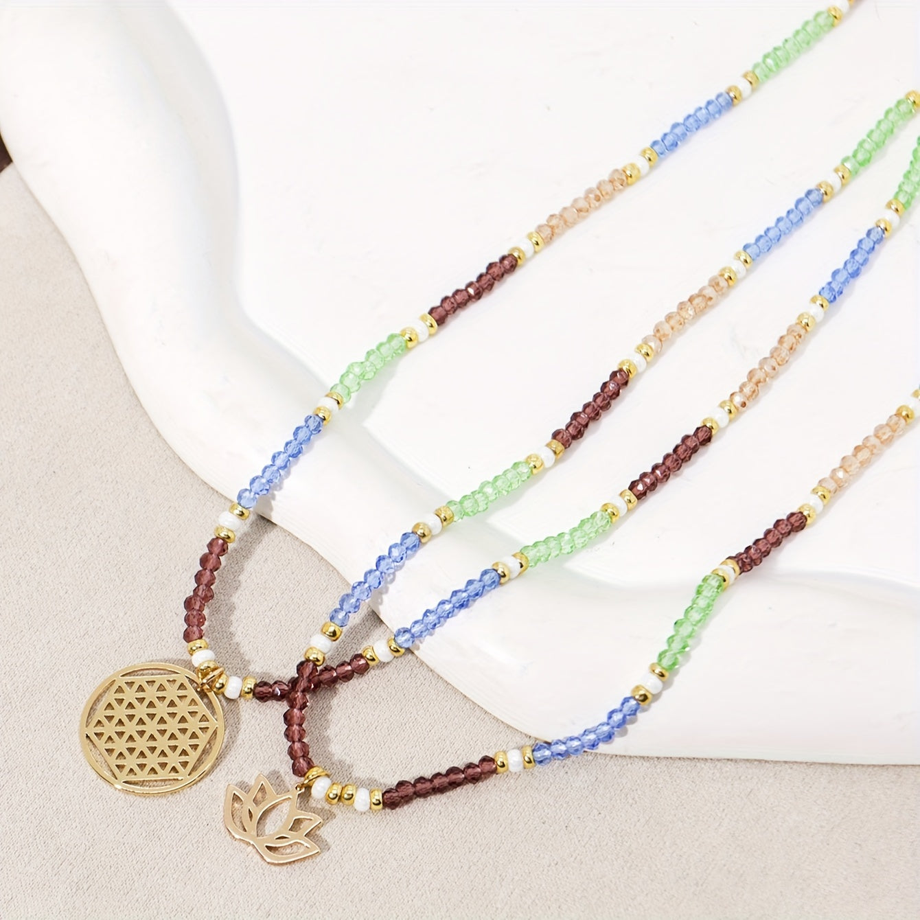 2 pendant necklaces, Bohemian crystal bead lotus pendant double necklace, holiday party music festival daily accessories