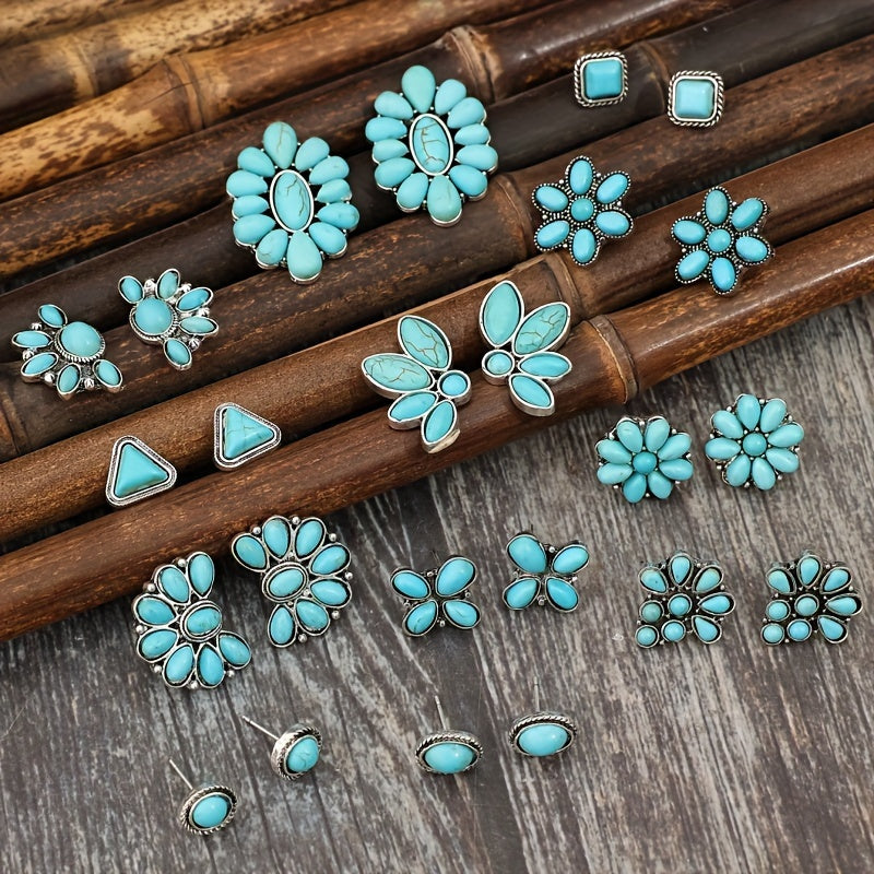 12 pairs of vintage western style set with turquoise stud earrings, silver alloy and iron earrings, geometric triangles, squares and flower shapes