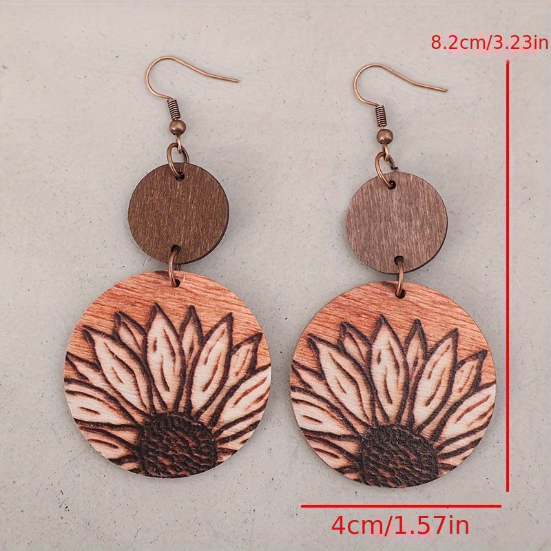 Vintage Style Bohemian Sunflower Wooden Pendant Earrings - Rustic Geometric Design, 3D Printed, Iron Hook, Perfect for Casual Clothing and Gifts, Quirky Earrings