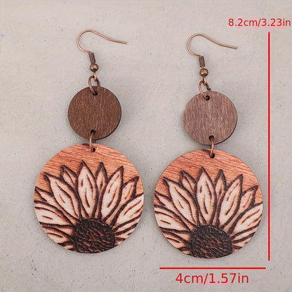 Vintage Style Bohemian Sunflower Wooden Pendant Earrings - Rustic Geometric Design, 3D Printed, Iron Hook, Perfect for Casual Clothing and Gifts, Quirky Earrings