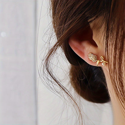 Elegant and lovely flower stud earrings, synthetic June birthstones and imitation pearls, copper nickel-plated, suitable for daily and party wear, Valentine's Day gifts - suitable for all seasons