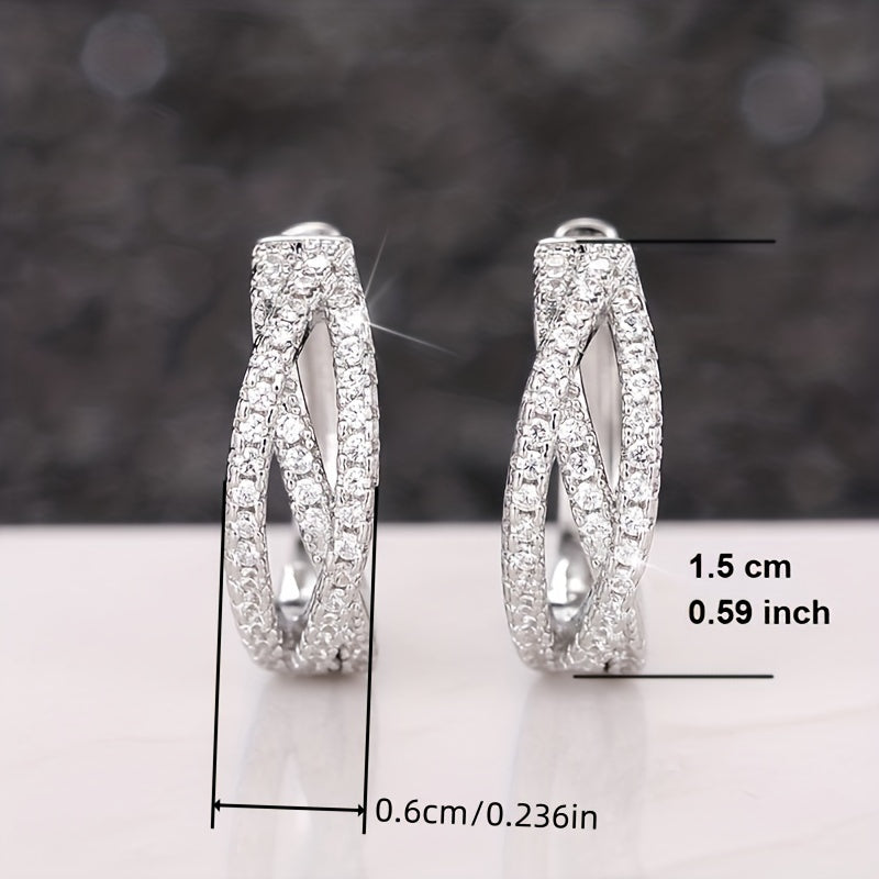 1 Pair Cross-twisted Interwoven 925 Silver-plated Zirconia Ring Earrings for Women's Everyday Casual Fashion Accessories
