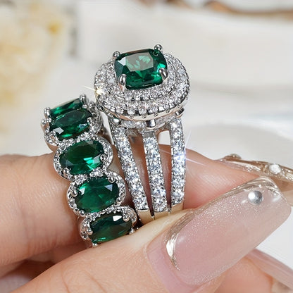 2 Luxury Engagement Rings Set with Sparkle Cubic Zirconia 4-Claw Synthetic Pink Gemstone Ring Set, Sparkle Style, Ladies Party Wedding Jewelry (No Box)