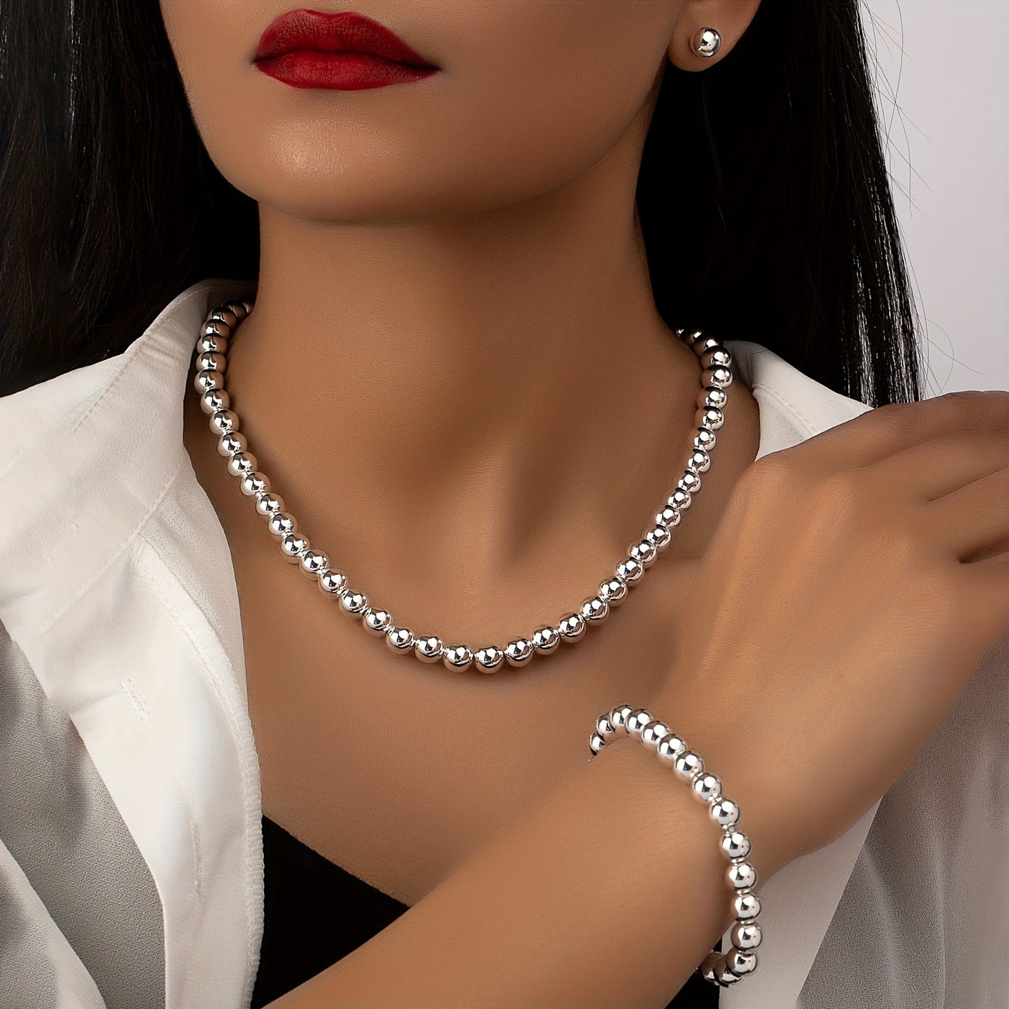 Simple retro beaded necklace/elastic bracelet/earring set