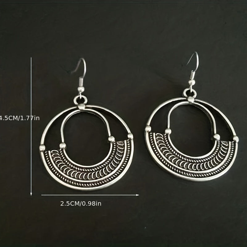 Vintage Round Hollow Creative Pendant Earrings Zinc Alloy Silver Plated Jewelry Daily Wear Accessories Fashion Women's Gifts