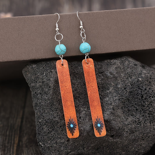 Vintage Rectangular Turquoise Bead Decorative Pendant Earrings Vintage Simple Style PU Leather Jewelry Holiday Earrings