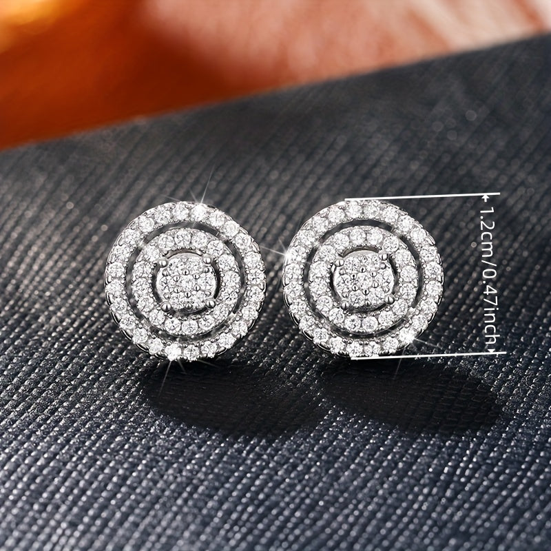 Simple Hollow Round Stud Earrings with Shiny Zirconia, Silver Plating, Elegant and Simple Style, Dating Wedding Earrings.