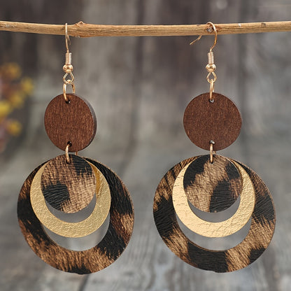 Ladies' fashion accessories, classic multi-layered leopard print hollow PU leather pendant earrings, iron ear hooks, unplated - versatile fashion accessories for Casual Attire