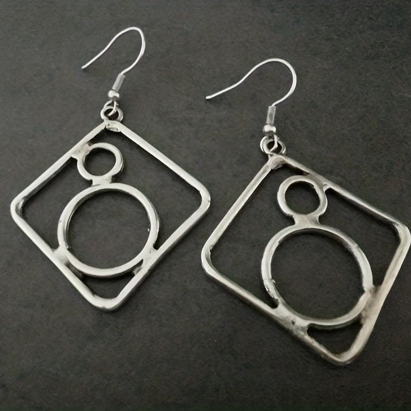 Vintage style hollow rhombus circle design drop earrings zinc alloy silver plated jewelry daily wear accessories