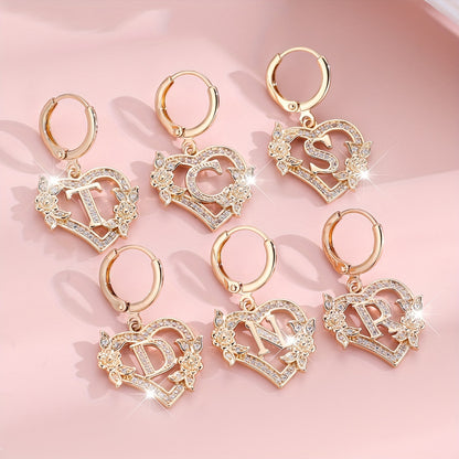 Square diamond heart stud earrings with letter engraving A-Z, synthetic diamond stud earrings, copper ear needles, unplated, with floral design, suitable for women, over 15 years old, university theme