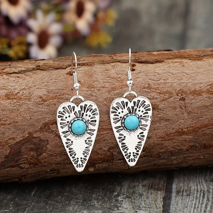 Retro heart-shaped silver-plated pendant earrings with turquoise and engraved fireworks pattern, alloy structure, iron earrings, suitable for daily wear