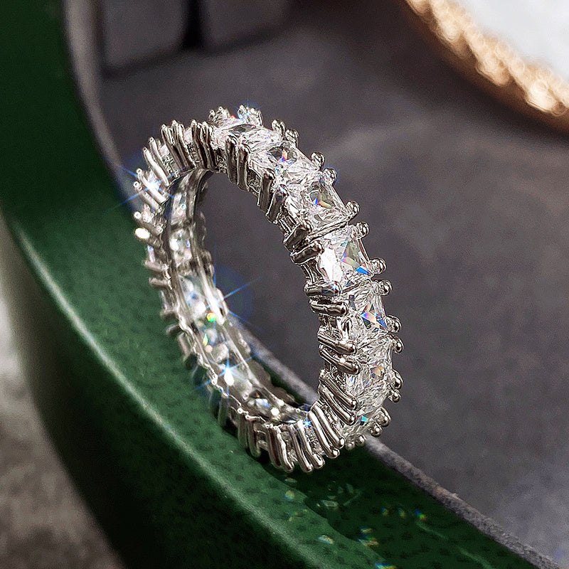 Ladies Fashion Silver Princess Cut White Zircon Eternity Ring
