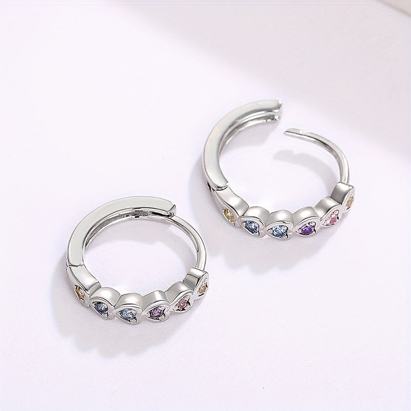 Colorful heart-shaped zircon inlaid hollow round ring earrings, elegant casual style for daily wear, women's dating earrings