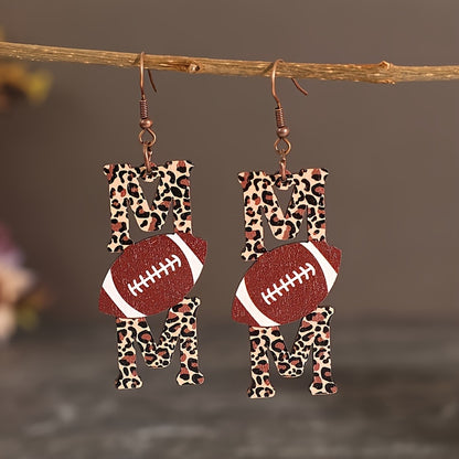 1 pair of Bohemian style elegant wooden MOM letter hanging earrings, leopard print and sports ball design, iron pillar, perfect for daily wear and Mother's Day celebration, four seasons accessories, quirky earrings