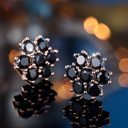 Elegant bohemian black flower-shaped synthetic square crystal diamond stud earrings, copper, women's style with rose gold plating, suitable for weddings, banquets, Valentine's Day - year round jewelry