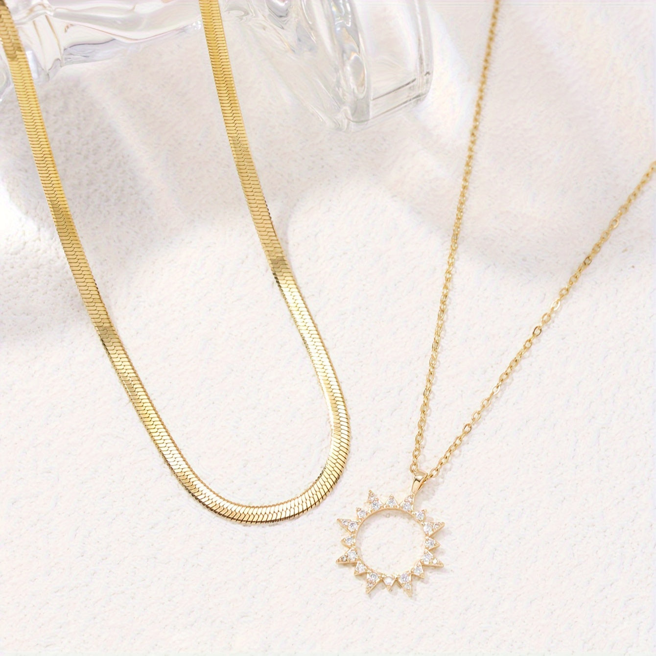 Elegant style zircon sun pendant necklace, stainless steel flat snake chain, double necklace, women's holiday daily jewelry gift