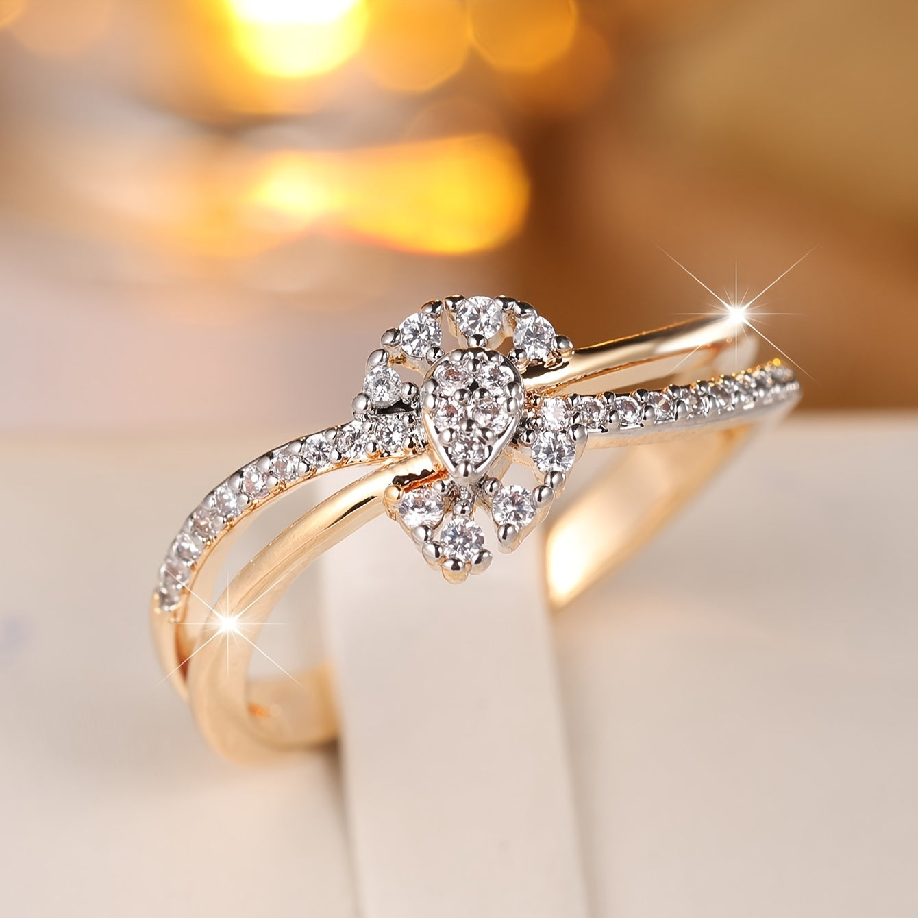 An antique bohemian Women's engagement ring set in two-tone copper with synthetic cubic Zirconia, elegant bridal banquet jewelry