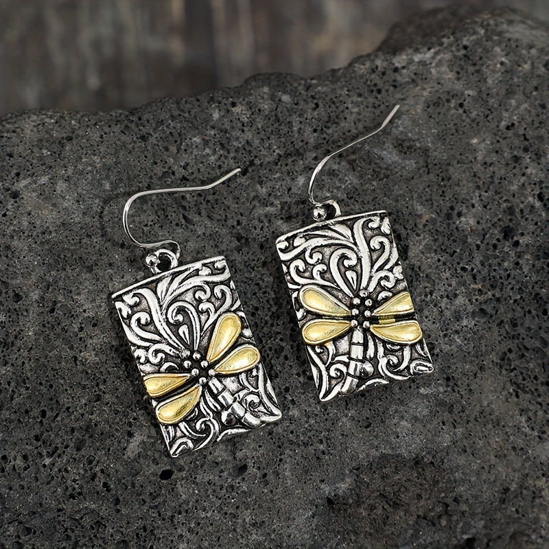 Vintage Rectangle Engraved Dragonfly Pattern Drop Earrings Bohemian Vacation Style Vintage Holiday Earrings