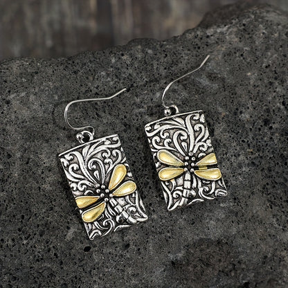 Vintage Rectangle Engraved Dragonfly Pattern Drop Earrings Bohemian Vacation Style Vintage Holiday Earrings