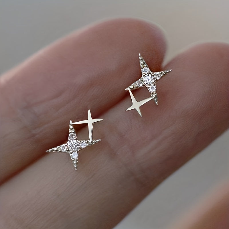 Double star design stud earrings set with zircon, women's proposal engagement party jewelry gift