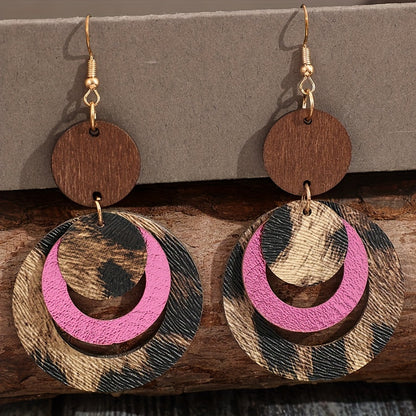 Ladies' fashion accessories, classic multi-layered leopard print hollow PU leather pendant earrings, iron ear hooks, unplated - versatile fashion accessories for Casual Attire
