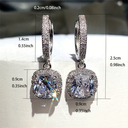 Four-claw square shiny zircon inlaid pendant earrings, elegant and simple temperament, copper silver plating, exquisite gift, suitable for women