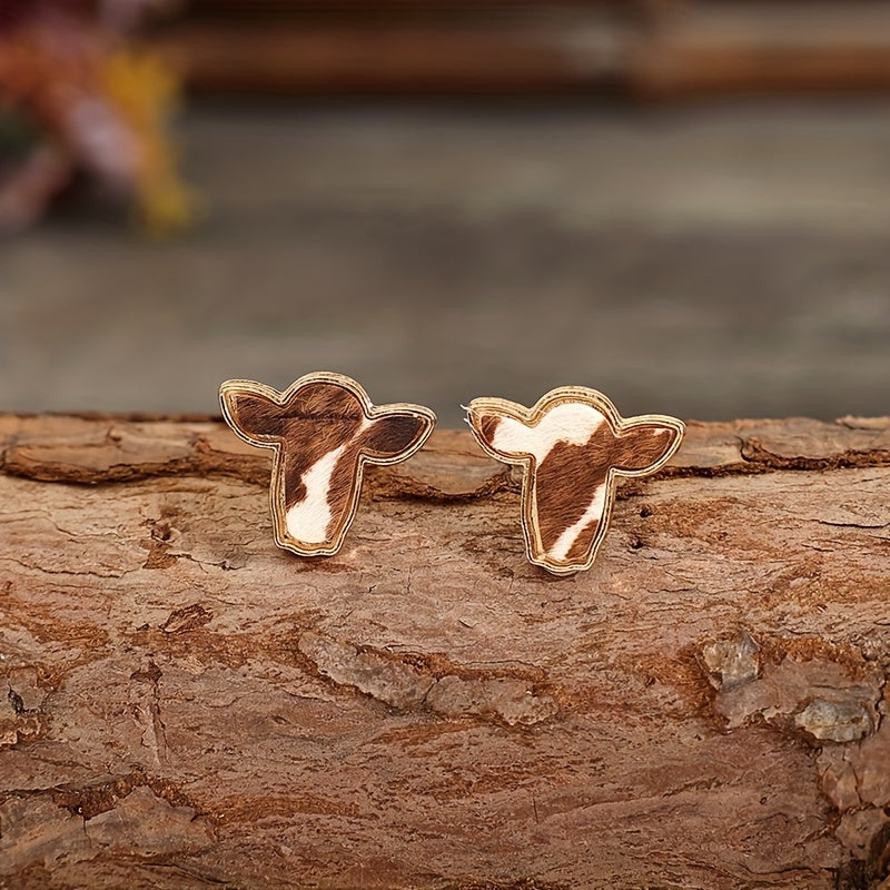 Bull head design suede stud earrings, retro western style alloy jewelry, cute gifts for women's daily leisure