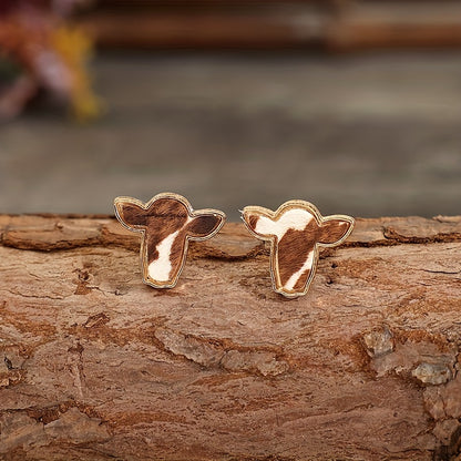 Bull head design suede stud earrings, retro western style alloy jewelry, cute gifts for women's daily leisure