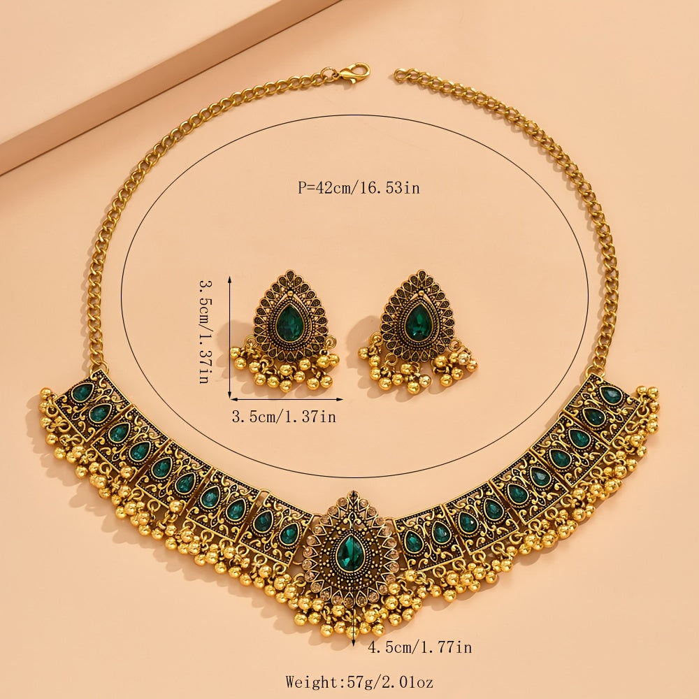 Bollywood style 1 pair of earrings + 1 necklace retro jewelry set retro design inlaid with gemstones with daily clothing party accessories
