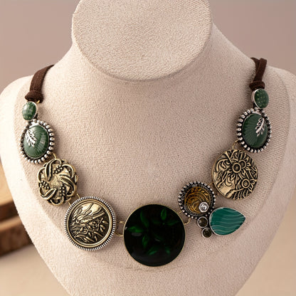 Bohemian retro style luxury floral texture women pendant oil bead necklace, alloy material, suitable for daily wear and vacation