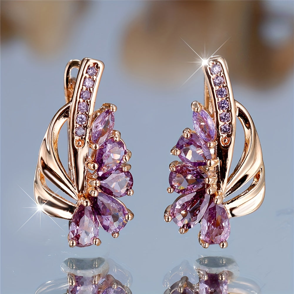 Elegant Purple Cubic Zirconia Drop Earrings - Gold Toned, Stackable Bohemian Ladies Pendant Jewelry | Perfect for Weddings and Valentine's Day