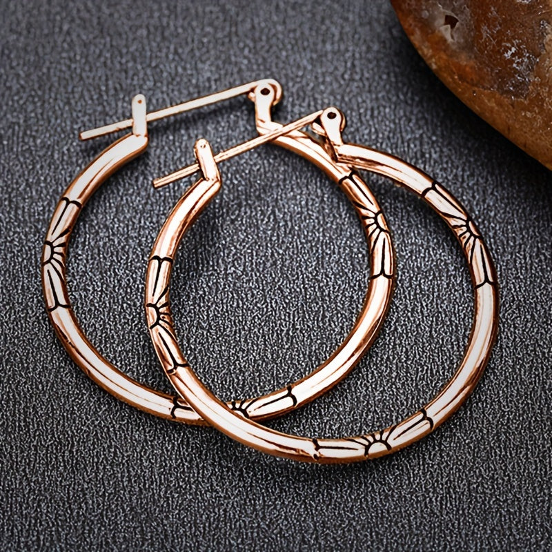 Large Hollow Round Hoop Earrings with Delicate Carved Flower Design Vintage Ethical Style Copper Jewelry Women's Earrings