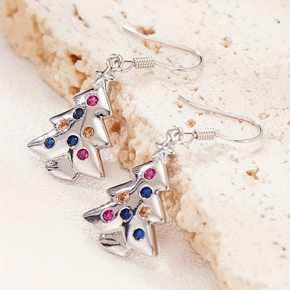Ladies Elegant Christmas Tree Pendant Earrings, Colored Synthetic Cubic Zirconia, Lovely Holiday Themed Copper Hook Earrings, Nickel Plated Lead Free, Perfect for Everyday and Party Occasions - 1 Pair