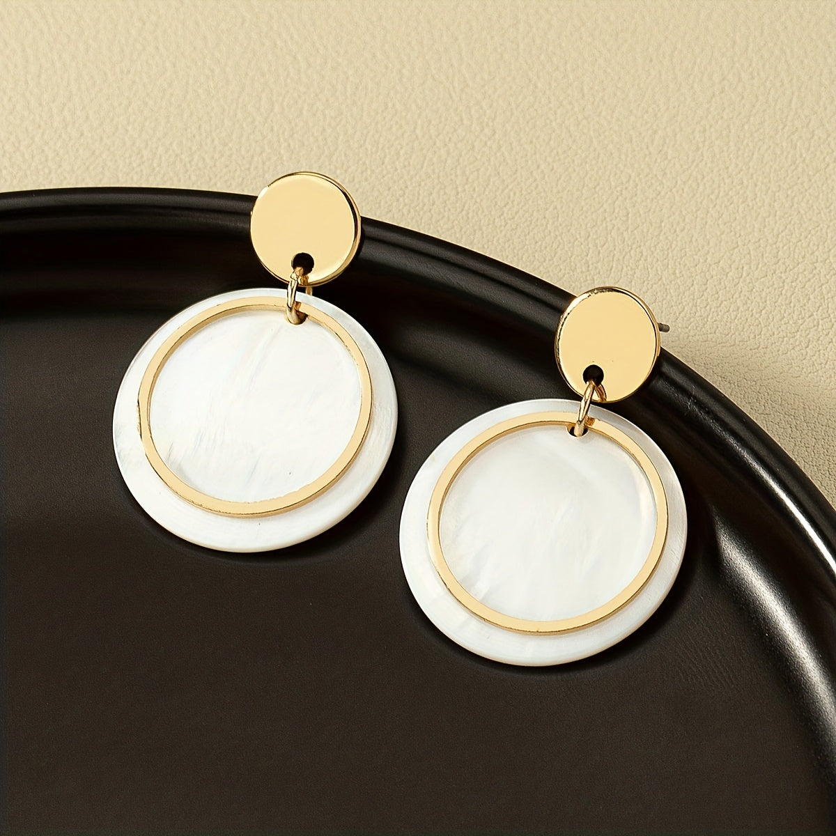 Elegant style, elegant minimalist shell metal earrings with golden tones and white round design - stainless steel stud earrings, perfect for Casual Attire or vacation