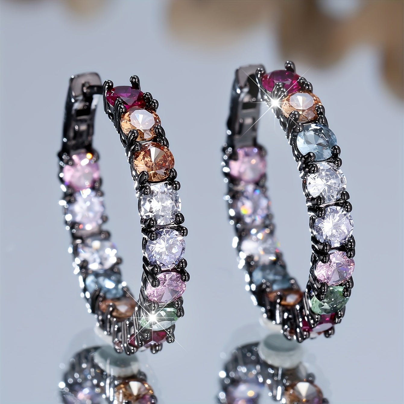 A pair of elegant bohemian rainbow full-ring earrings, suitable for women, with synthetic cubic Zirconia and copper bottom, suitable for parties and weddings, worn year-round.